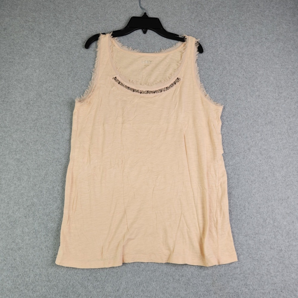 LOFT Tank Top Women Large Peach Raw Edge Fringe Cotton Beaded Stretch Sleeveless